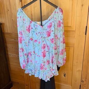 Peach Love California Blue and Pink Floral Blouse